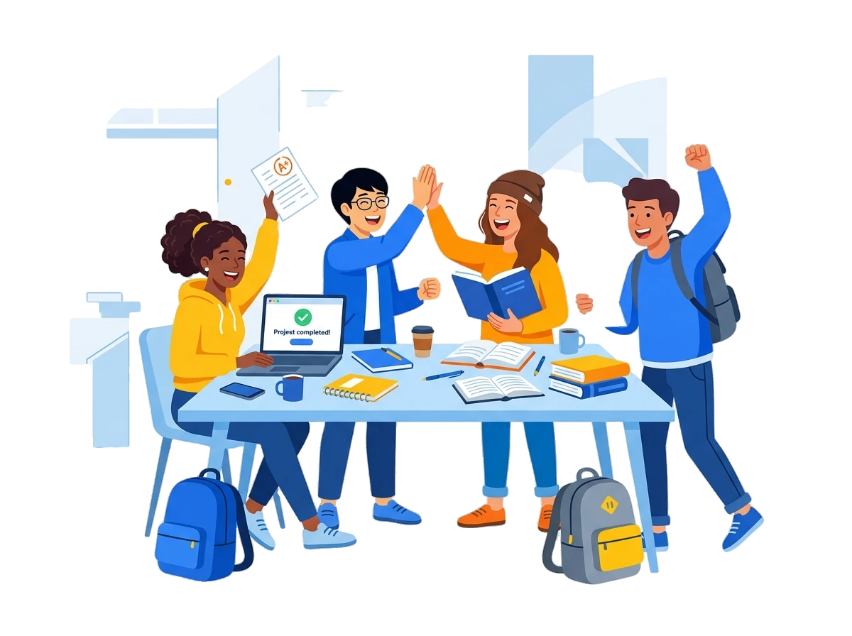 Students celebrating coursework success with PDFFILZ